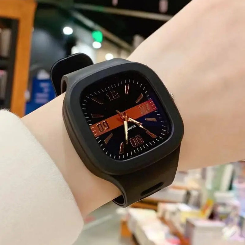 Square Dial Multicolored Quartz Watch with Soft Silicone Band