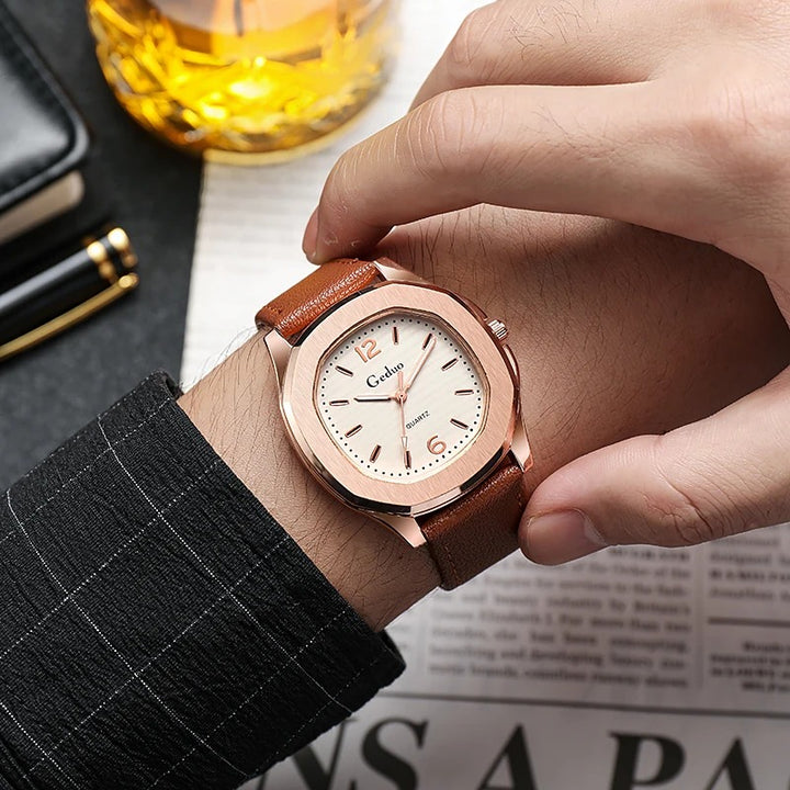 Contemporary Men's Leather Strap Quartz Watch with Geometric Design