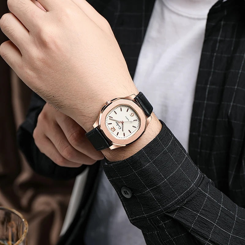 Contemporary Men's Leather Strap Quartz Watch with Geometric Design