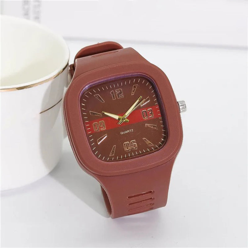Square Dial Multicolored Quartz Watch with Soft Silicone Band