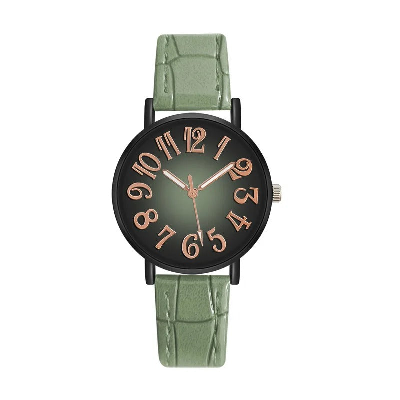 Women's Large Number Dial Leather Strap Quartz Watch