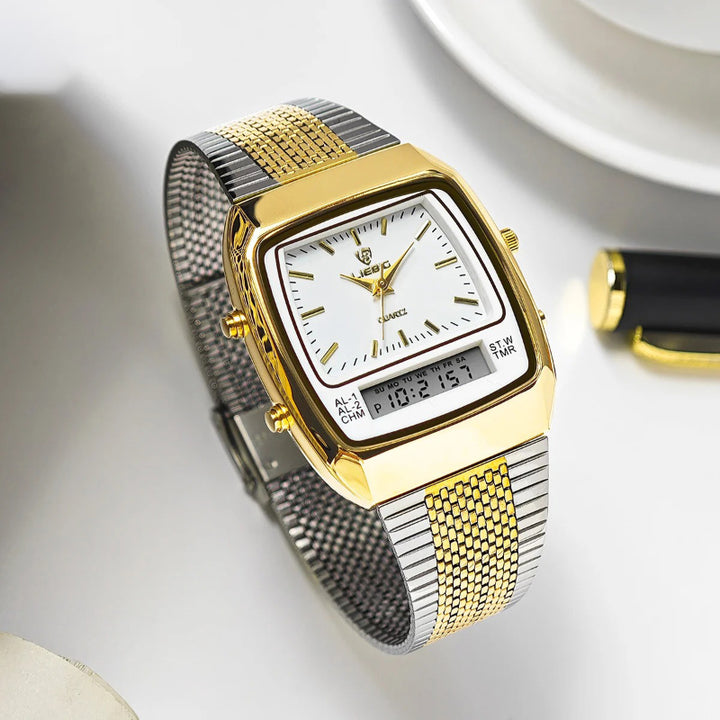 Vintage Inspired Men's Dual Time Display Stainless Steel Quartz Watch