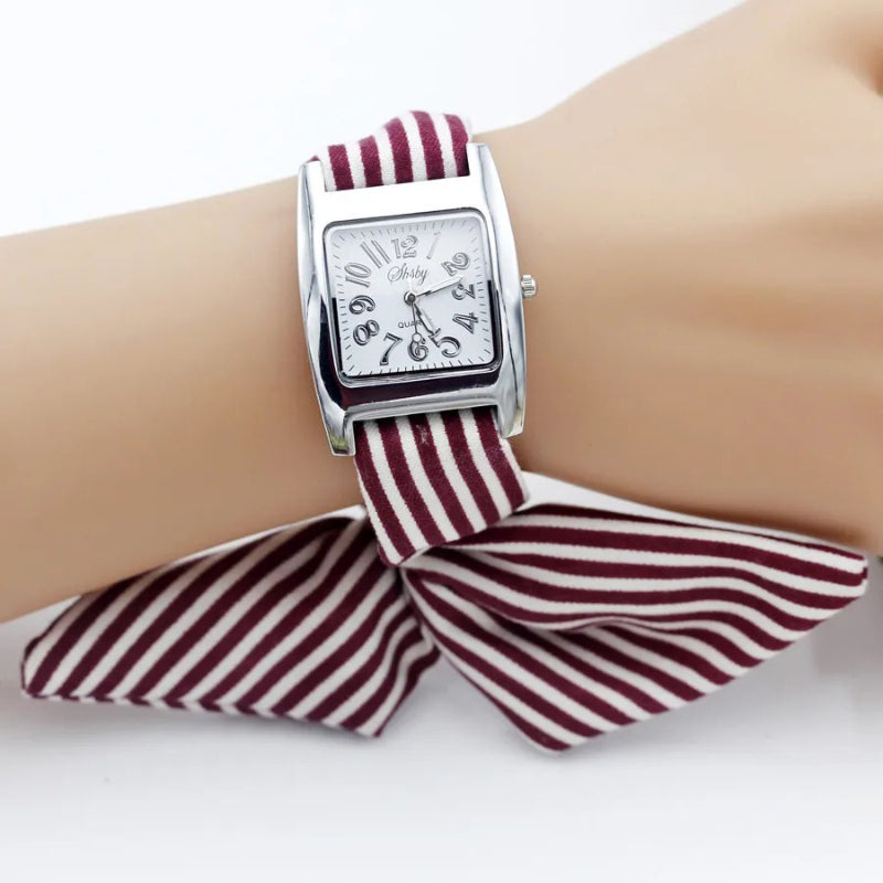 Hand Tie Stripe Cloth Fabric Strap Quartz Watch for Women