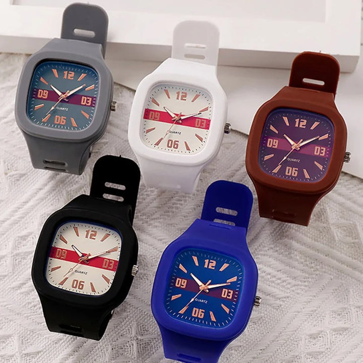 Square Dial Multicolored Quartz Watch with Soft Silicone Band