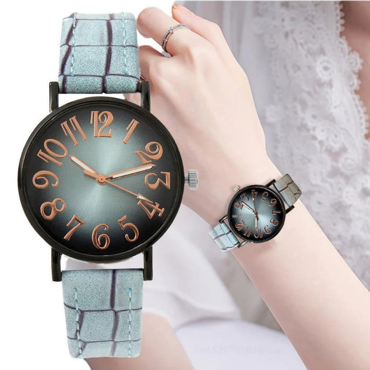Women's Large Number Dial Leather Strap Quartz Watch