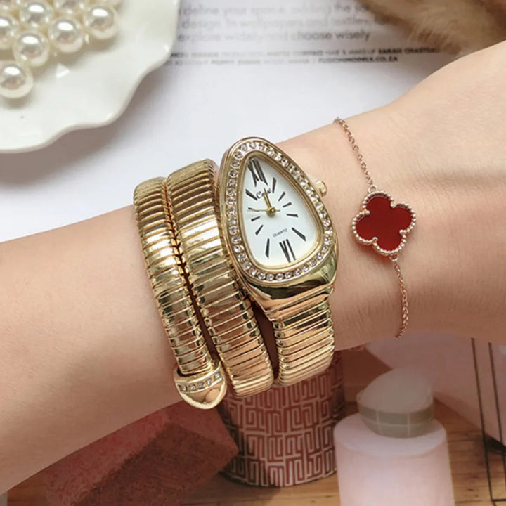 Women's Quartz Watch with Rhinestone Decorated Snake Head Dial