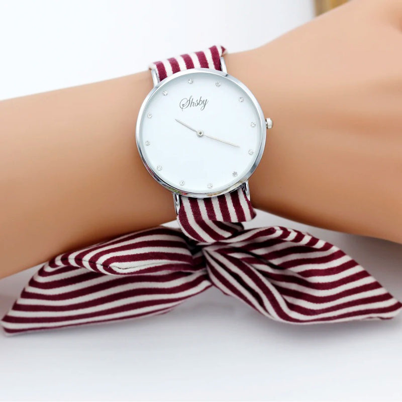 Hand Tie Stripe Cloth Fabric Strap Quartz Watch for Women