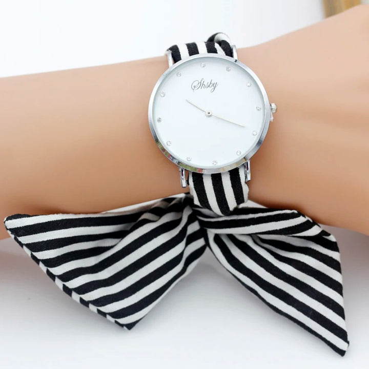 Hand Tie Stripe Cloth Fabric Strap Quartz Watch for Women