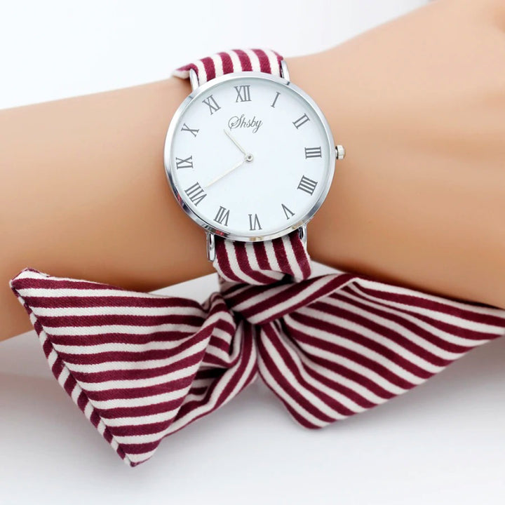 Hand Tie Stripe Cloth Fabric Strap Quartz Watch for Women