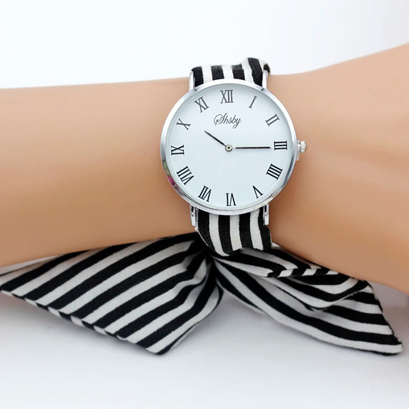 Hand Tie Stripe Cloth Fabric Strap Quartz Watch for Women