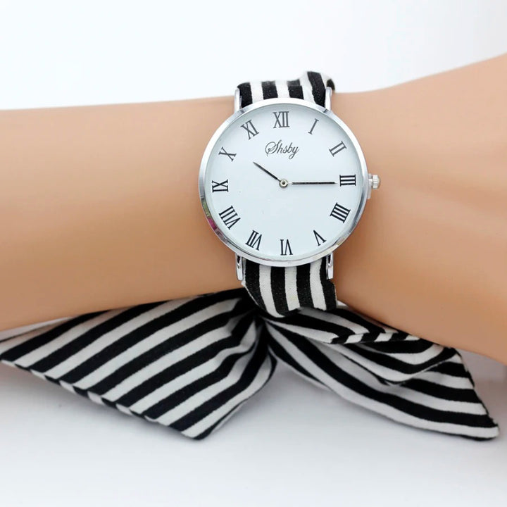 Hand Tie Stripe Cloth Fabric Strap Quartz Watch for Women