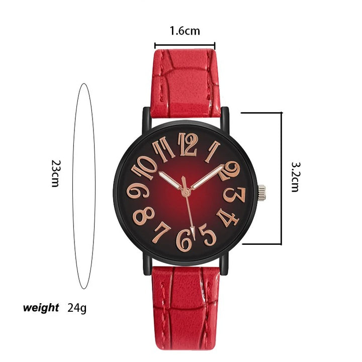 Women's Large Number Dial Leather Strap Quartz Watch
