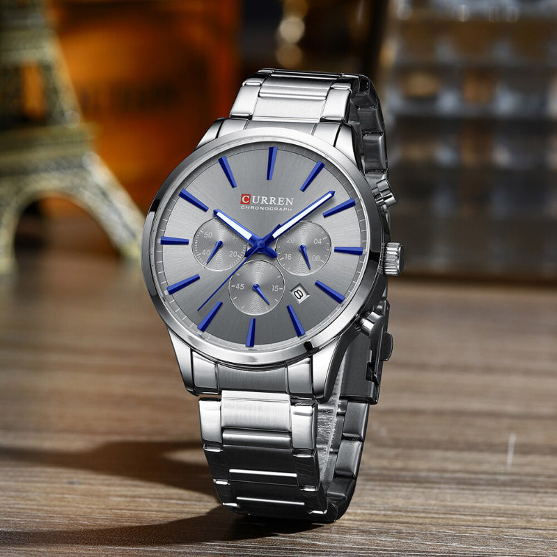 Sleek and Classic Chronograph Dial Display Stainless Steel Watch for Men