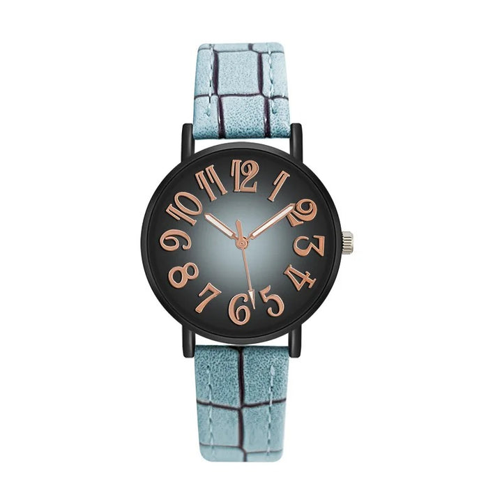 Women's Large Number Dial Leather Strap Quartz Watch