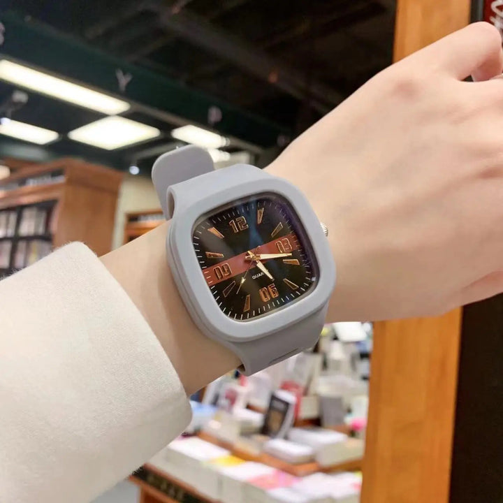 Square Dial Multicolored Quartz Watch with Soft Silicone Band