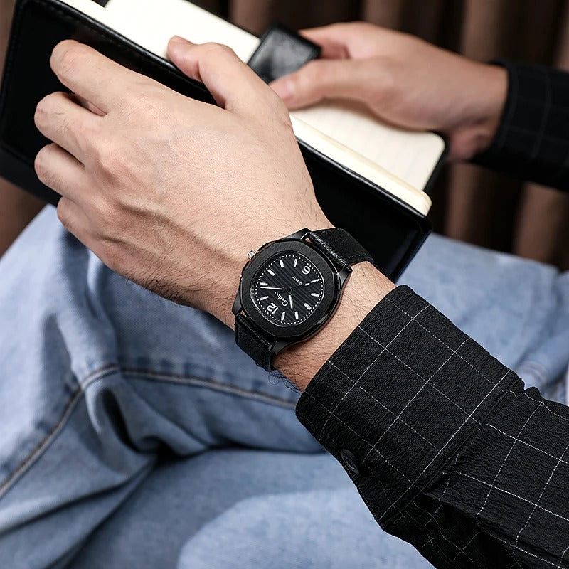 Contemporary Men's Leather Strap Quartz Watch with Geometric Design