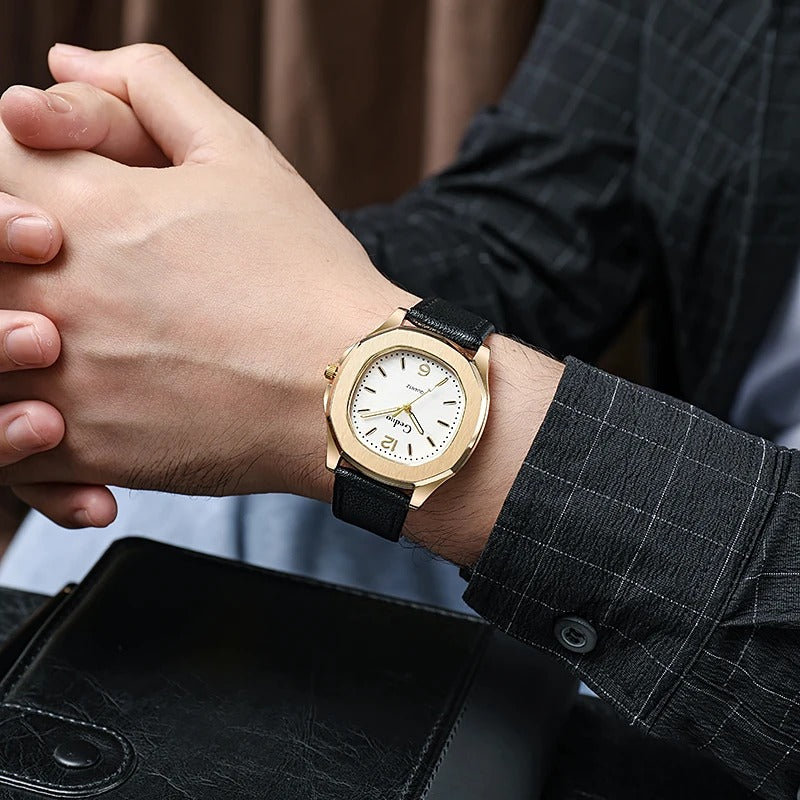 Contemporary Men's Leather Strap Quartz Watch with Geometric Design