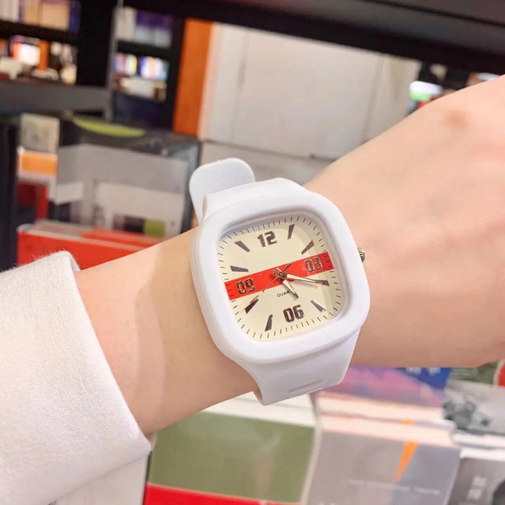 Square Dial Multicolored Quartz Watch with Soft Silicone Band
