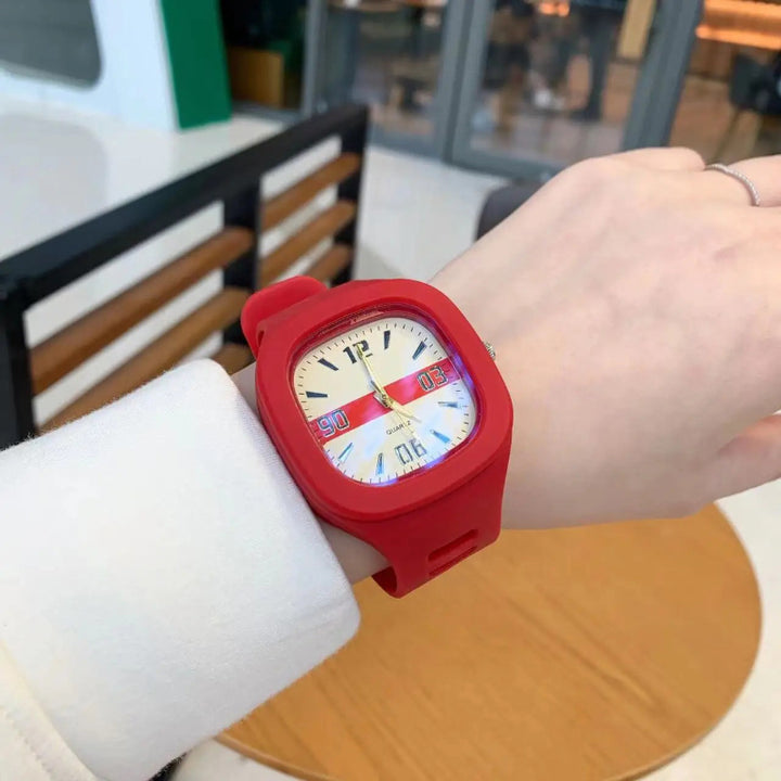 Square Dial Multicolored Quartz Watch with Soft Silicone Band