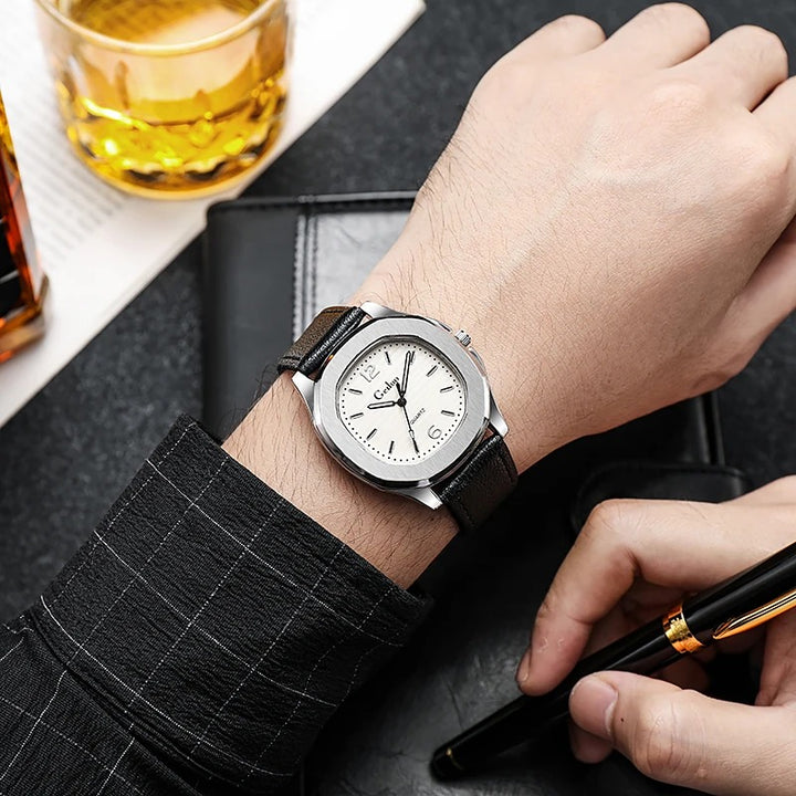 Contemporary Men's Leather Strap Quartz Watch with Geometric Design