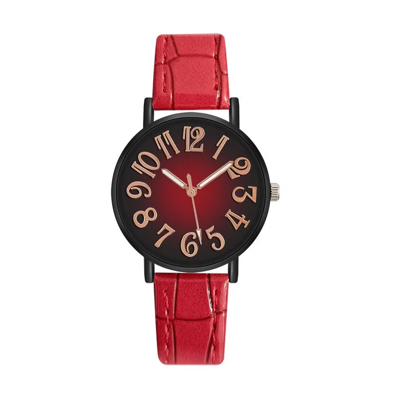 Women's Large Number Dial Leather Strap Quartz Watch