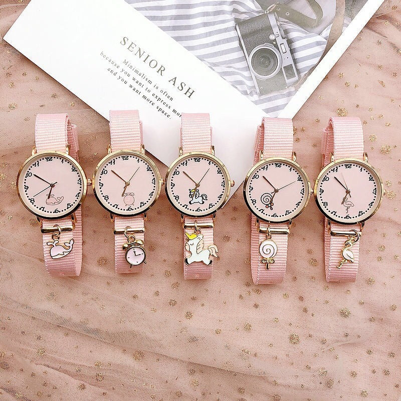 Little Girl's Adorable Pink Quartz Watch with Charms Collection