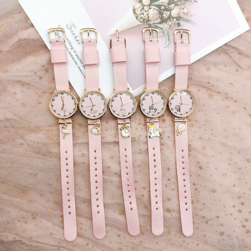 Little Girl's Adorable Pink Quartz Watch with Charms Collection