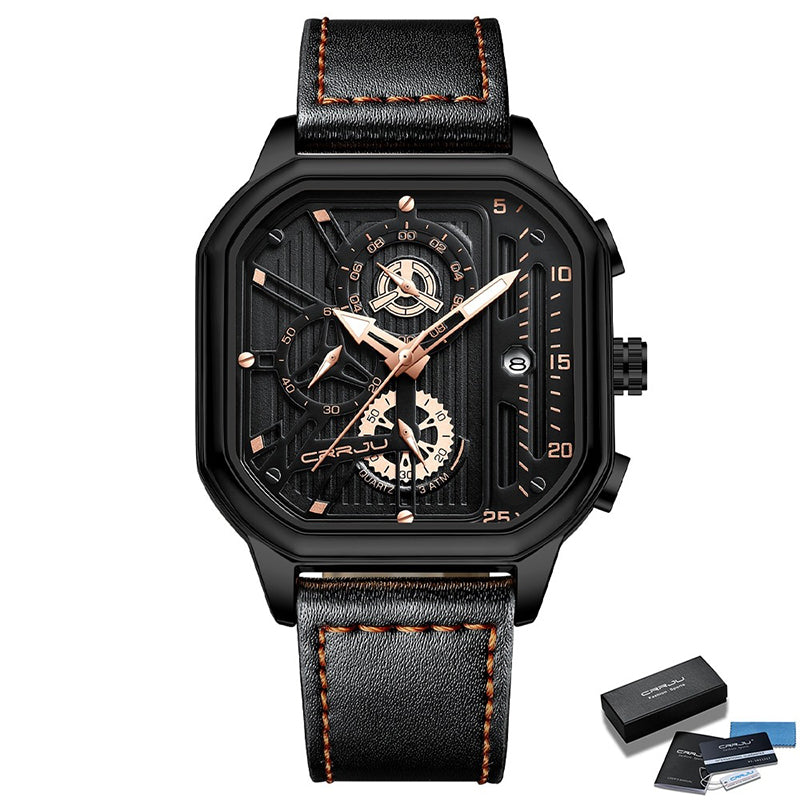 Square Fashion Luminous Dial Vegan Leather Strap Sports Chronograph Men's Watches