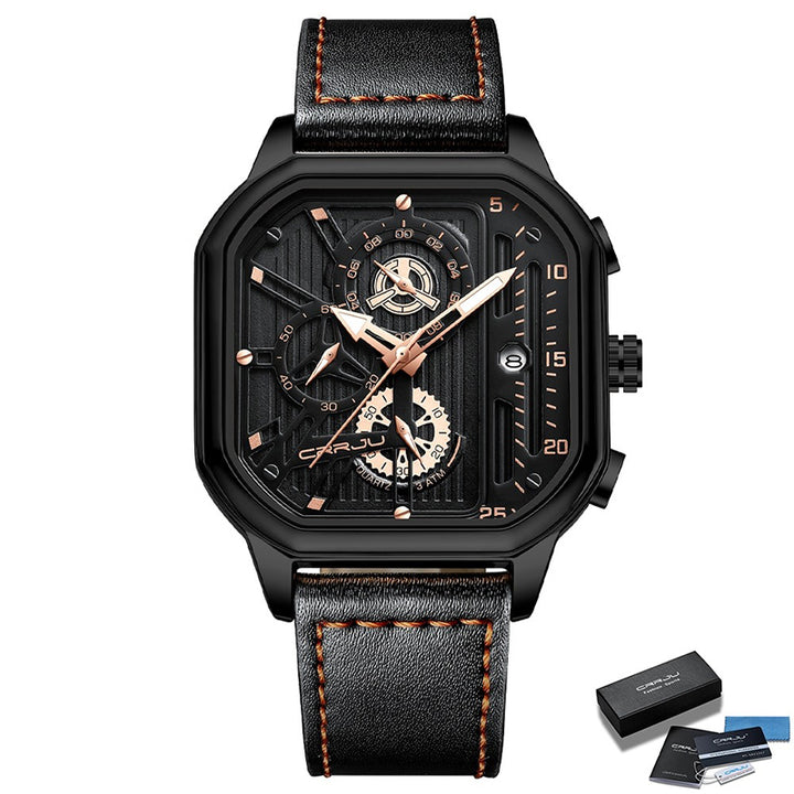 Square Fashion Luminous Dial Vegan Leather Strap Sports Chronograph Men's Watches