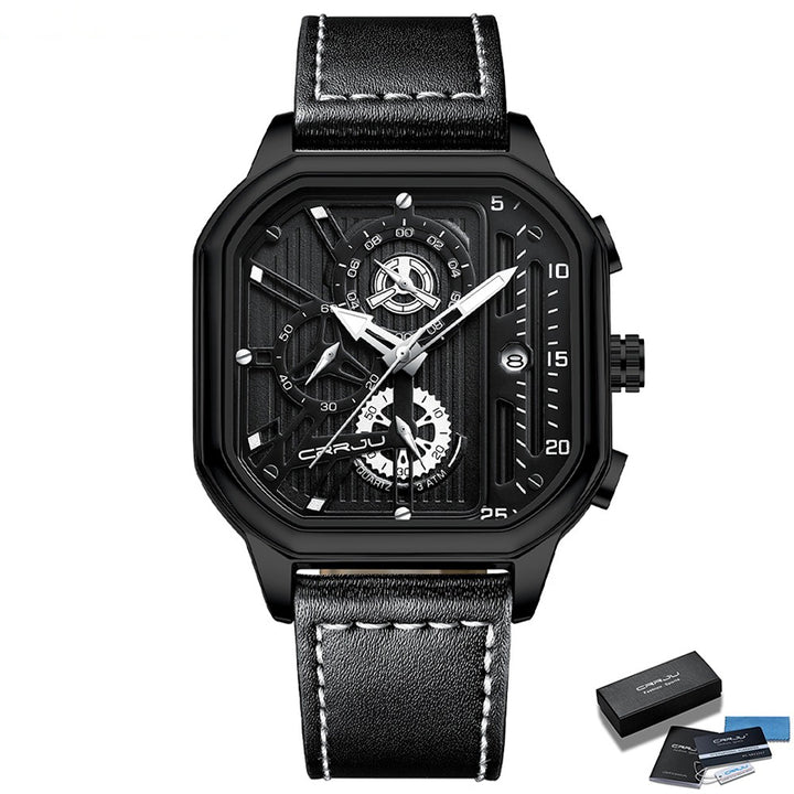 Square Fashion Luminous Dial Vegan Leather Strap Sports Chronograph Men's Watches