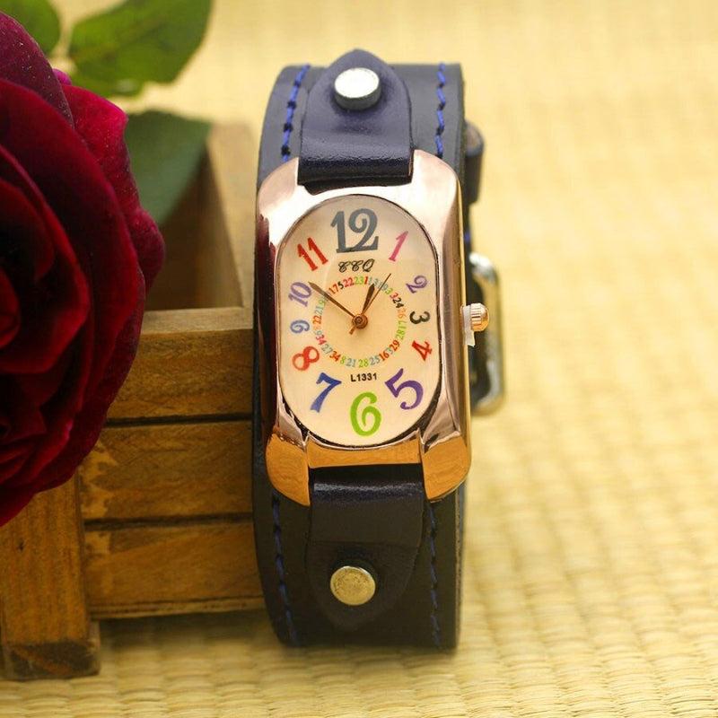 Colorful Easy To Read Dial with Vegan Leather Strap Quartz Watches