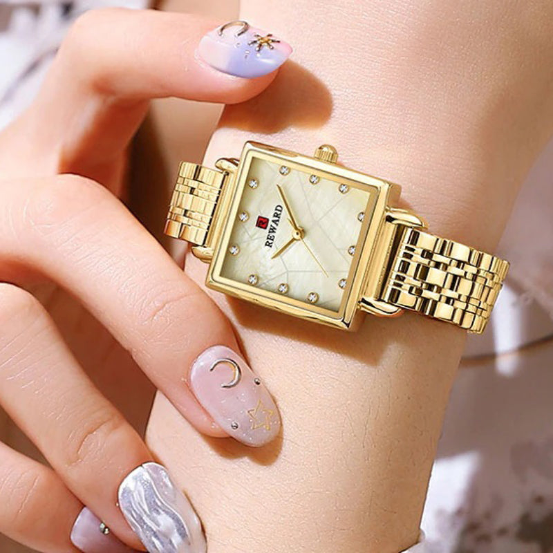 Smooth Solid Stainless Steel Band Rhinestone Square Case Dial Quartz Watches