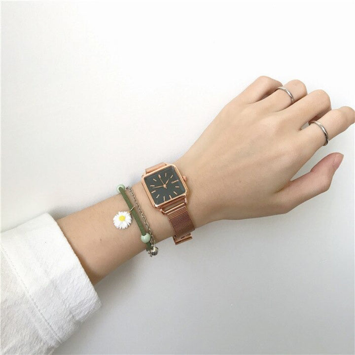 Minimalist Square Case with Stainless Steel Mesh Strap Quartz Watches