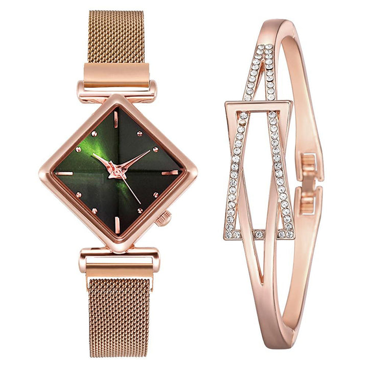 Unique Diamond-Shaped Dial with Magnetic Buckle Steel Mesh Strap Quartz Watches