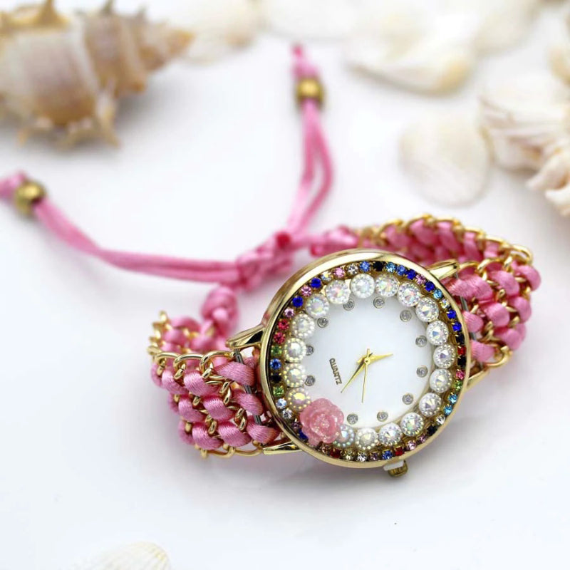 Hand-Knitted Colorful Embellished Rhinestone Flower Dial Quartz Watches
