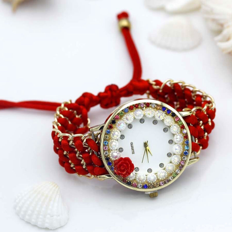 Hand-Knitted Colorful Embellished Rhinestone Flower Dial Quartz Watches