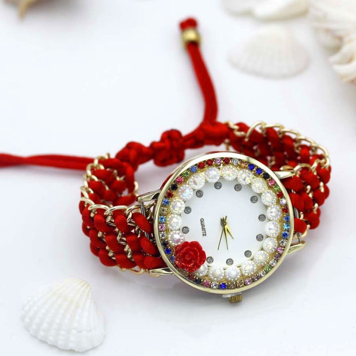 Hand-Knitted Colorful Embellished Rhinestone Flower Dial Quartz Watches