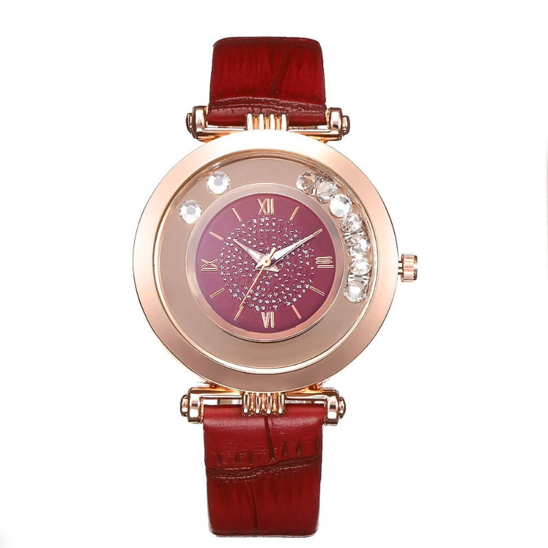 Creative Rotating Rhinestones Dial Vegan Leather Strap Quartz Wristwatches