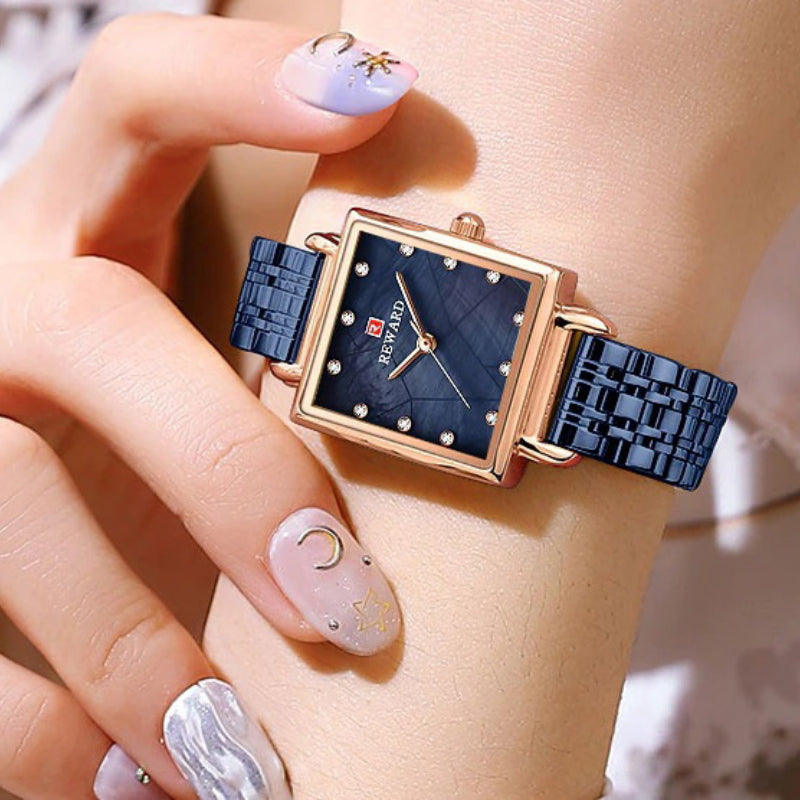 Smooth Solid Stainless Steel Band Rhinestone Square Case Dial Quartz Watches