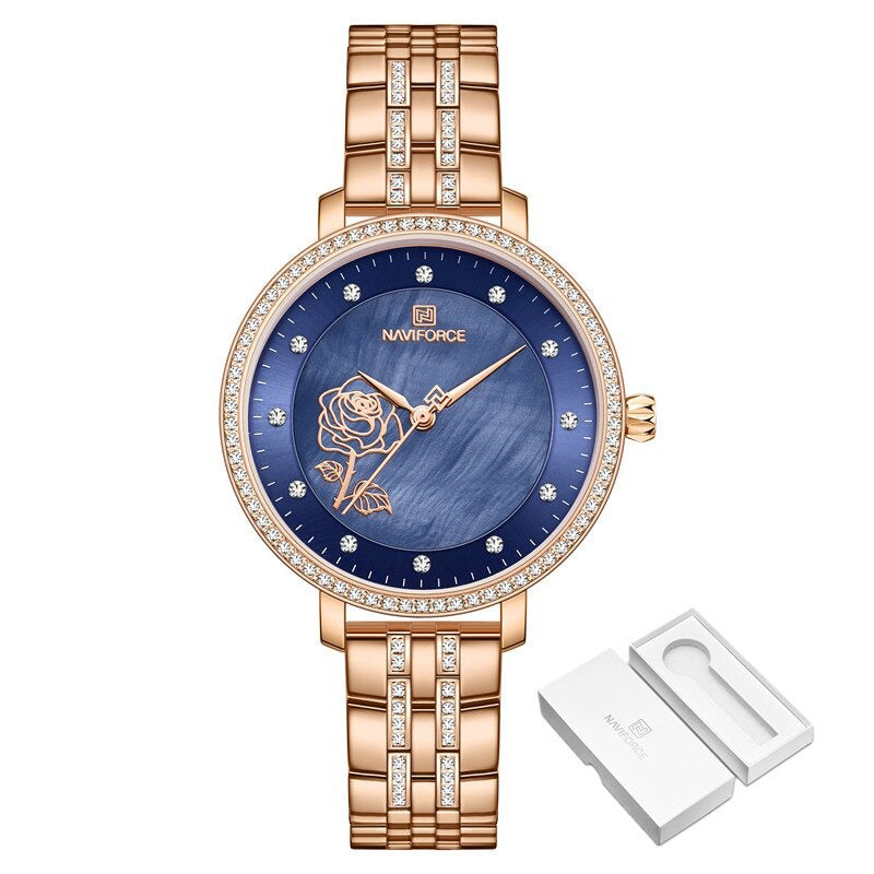Blooming Rose Flower Dial with Rhinestone Scales Waterproof Quartz Watches