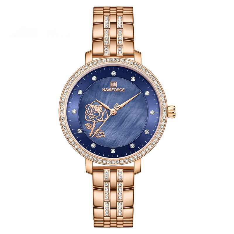 Blooming Rose Flower Dial with Rhinestone Scales Waterproof Quartz Watches