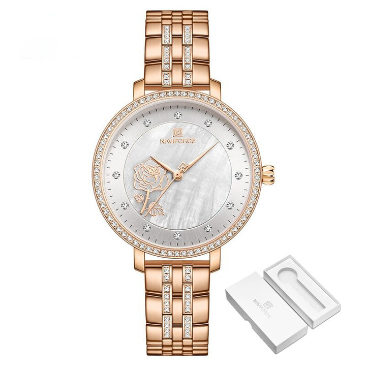 Blooming Rose Flower Dial with Rhinestone Scales Waterproof Quartz Watches