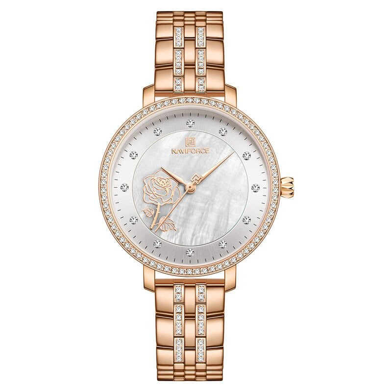 Blooming Rose Flower Dial with Rhinestone Scales Waterproof Quartz Watches