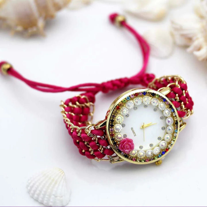 Hand-Knitted Colorful Embellished Rhinestone Flower Dial Quartz Watches