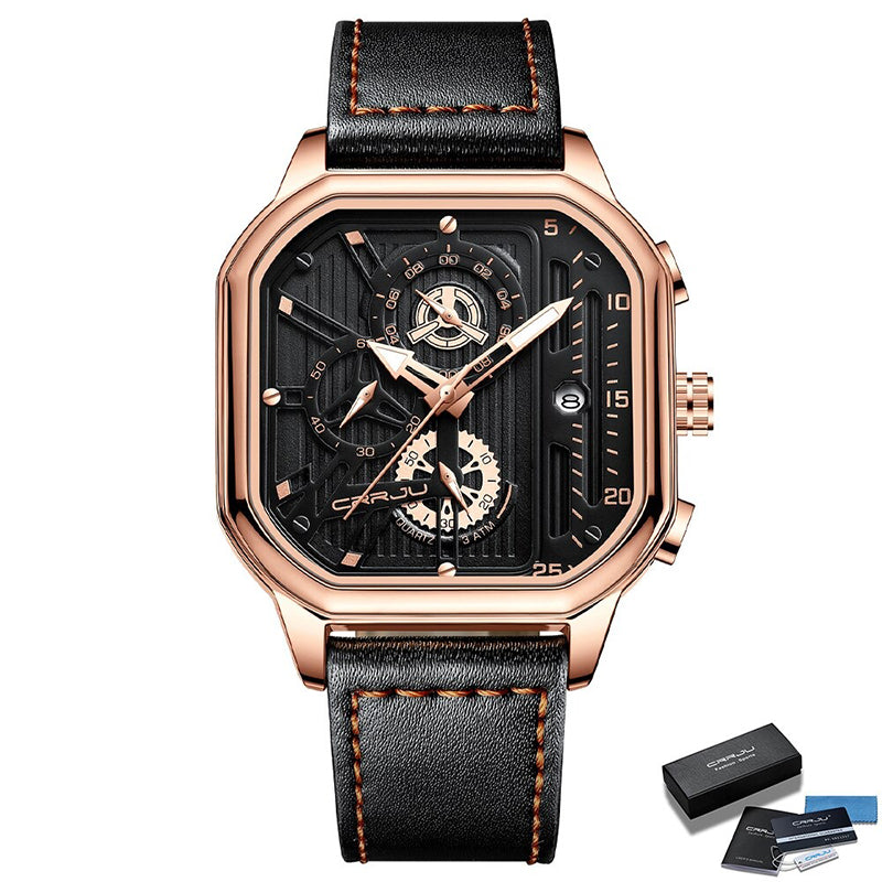 Square Fashion Luminous Dial Vegan Leather Strap Sports Chronograph Men's Watches