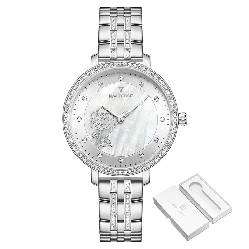 Blooming Rose Flower Dial with Rhinestone Scales Waterproof Quartz Watches
