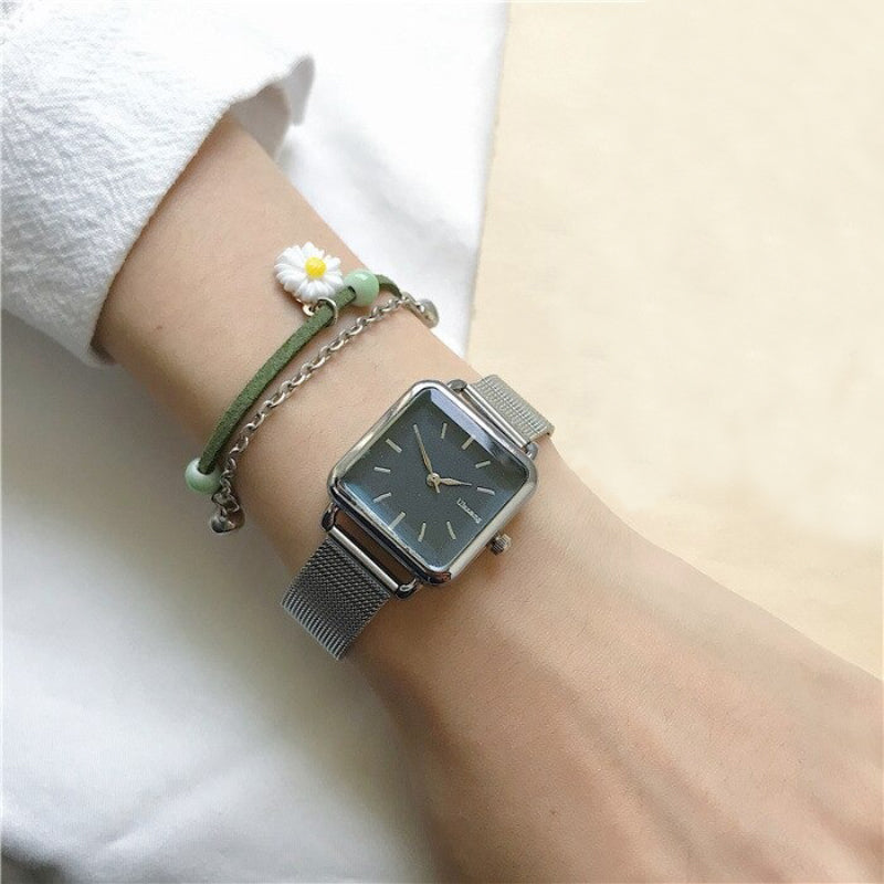 Minimalist Square Case with Stainless Steel Mesh Strap Quartz Watches