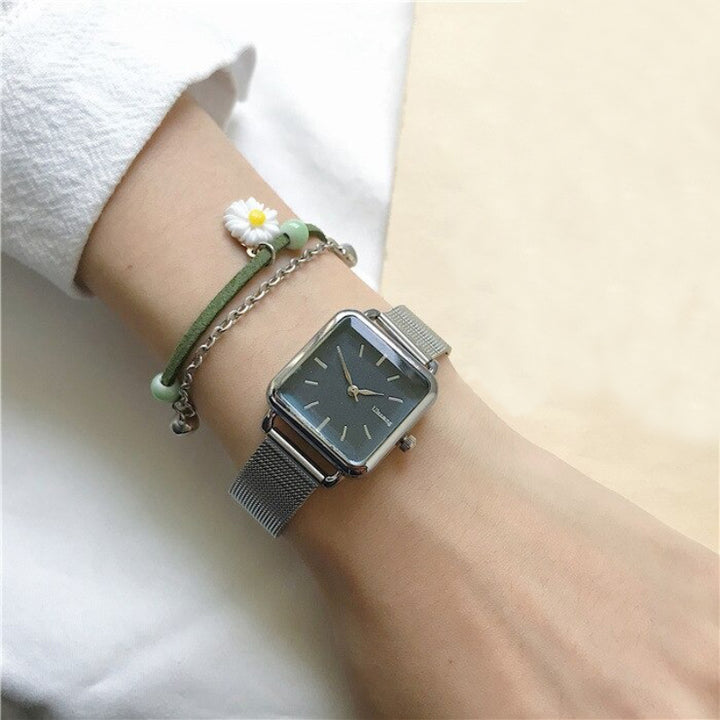 Minimalist Square Case with Stainless Steel Mesh Strap Quartz Watches