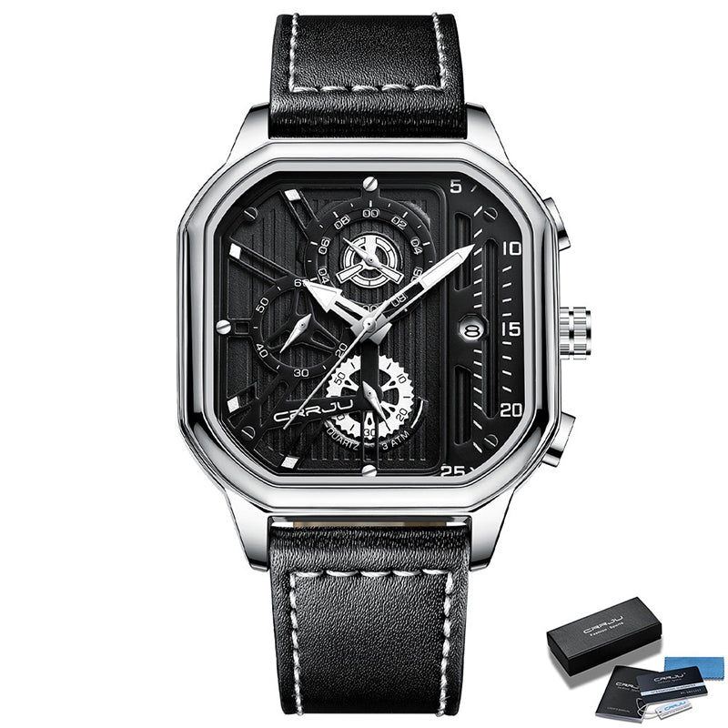 Square Fashion Luminous Dial Vegan Leather Strap Sports Chronograph Men's Watches