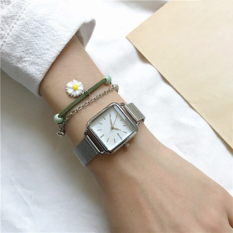 Minimalist Square Case with Stainless Steel Mesh Strap Quartz Watches